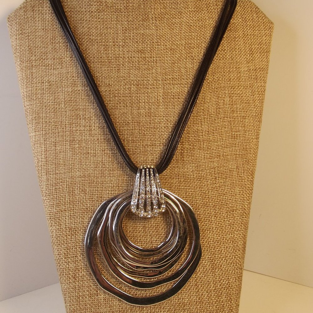 C 1946 Silver Tone Abstract Pendant Necklace with Crystal Detail